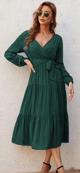 Womens V Neck Long Sleeve Casual a Line Tiered Fall Vintage Party Midi Long Maxi Dress with Belt