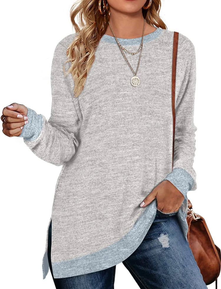 Sweatshirt for Women Long Sleeve Shirts Tunic Tops Color Block Crewneck Sweatshirts Side Split