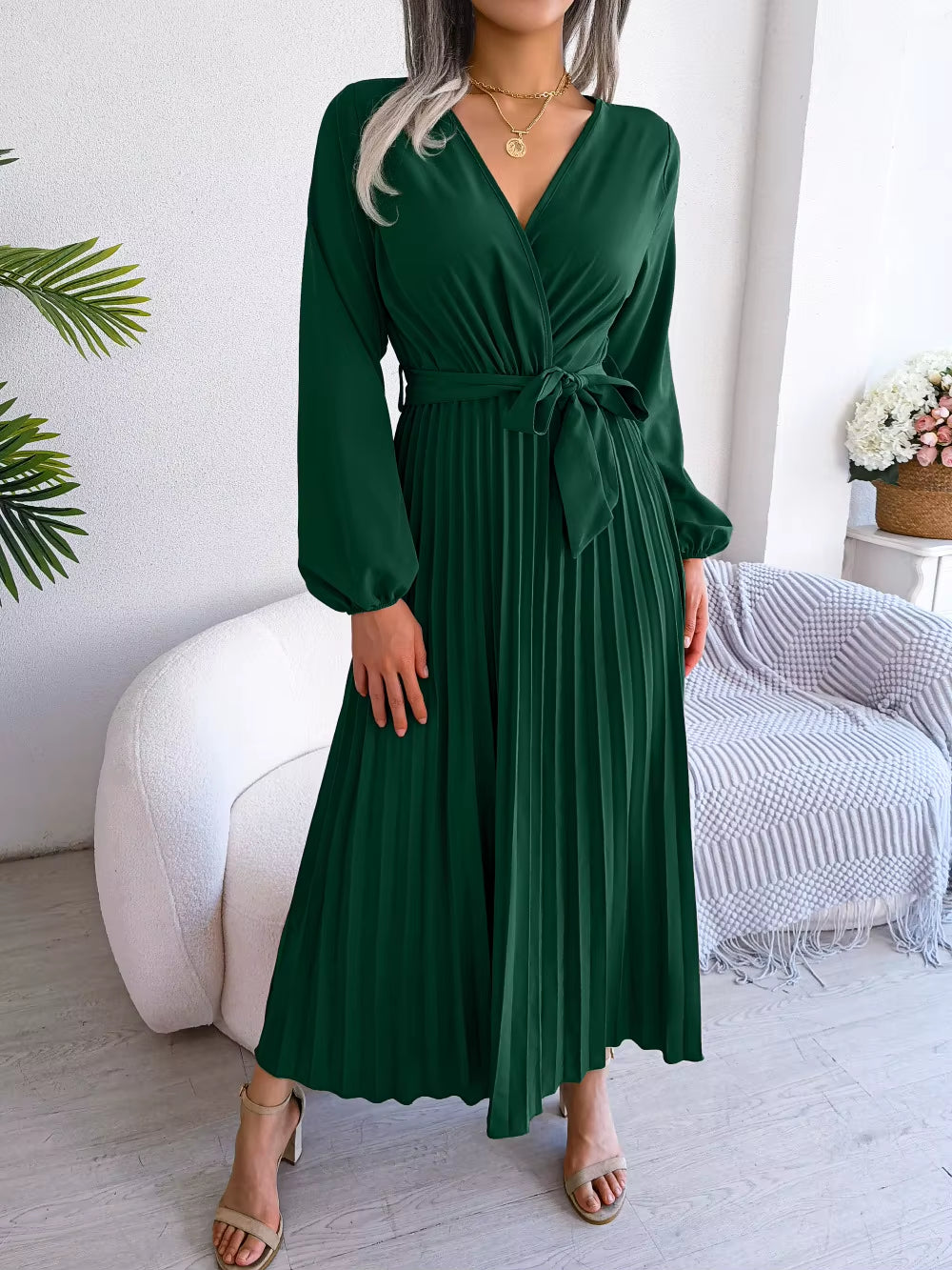 Women Spring Summer Cross Solid Color V Neck Large Hem Pleated Long Dress for Fashion