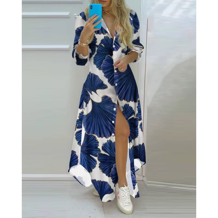 Women Boho Printed Long Shirts Dress Summer Turn-Down Collar Long Sleeve Party Dress Female Casual Evening Maxi Dresses Vestidos