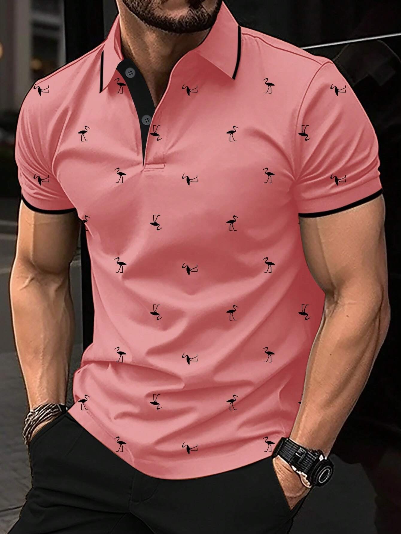 Manfinity Homme Men Tropical Print Contrast Trim Polo Shirt , Button up Collar Light Pink Polo Shirt , Work Business Casual Boyfriend Gift