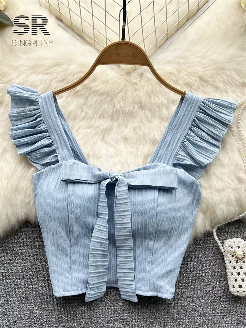 SINGREINY Summer Solid Ruffled Camis Women Square Neck Sleeveless Bow Elastic Waist Strap Top Ladies Sweet Korea Short Tank Top