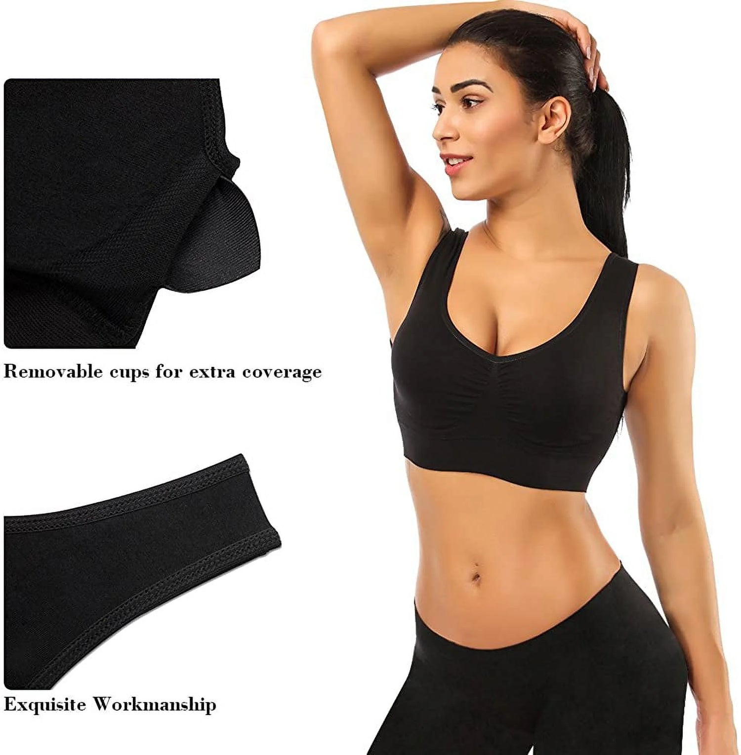 3 Pack Sports Bras for Women,Seamless Comfortable Bras Set with Removable Pads for Sleep,Pull on Closure,Black,Xl