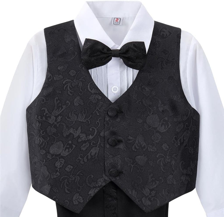 Boys Classic Fit Tuxedo Suit 5 Pieces Set Formal Wear Wedding Outfit with Vest, Black/White 011