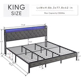 King Bed Frame with Storage Headboard, Charging Station and LED Lights, Upholstered Platform Bed with Metal Slats, Noise Free