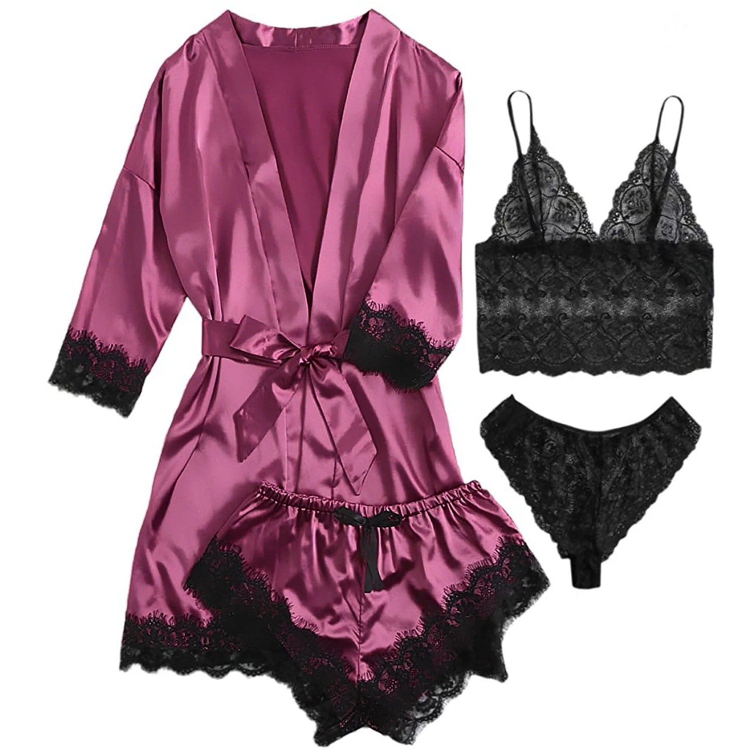 Sexy Lingerie,  Silk Satin Pajamas for Women, Womens Summer Pajamas Pjs Sets of 4 Pcs with Floral Lace Top Shorts and Robe, Gift for Women, Burgundy, XXL