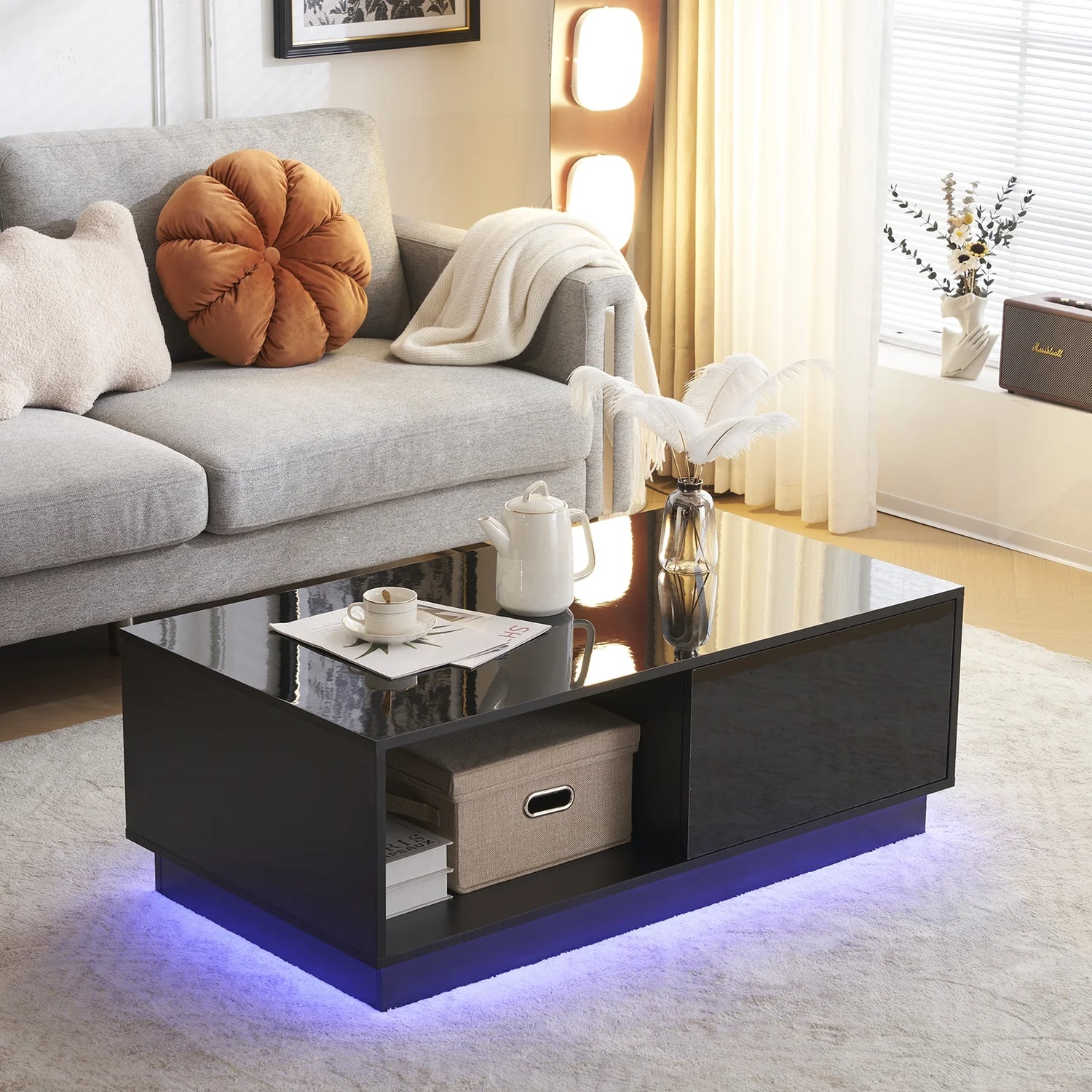 LED Coffee Table with 1 Drawers, High Gloss Cocktail Table Accent Furniture for Living Room 43.3" Black