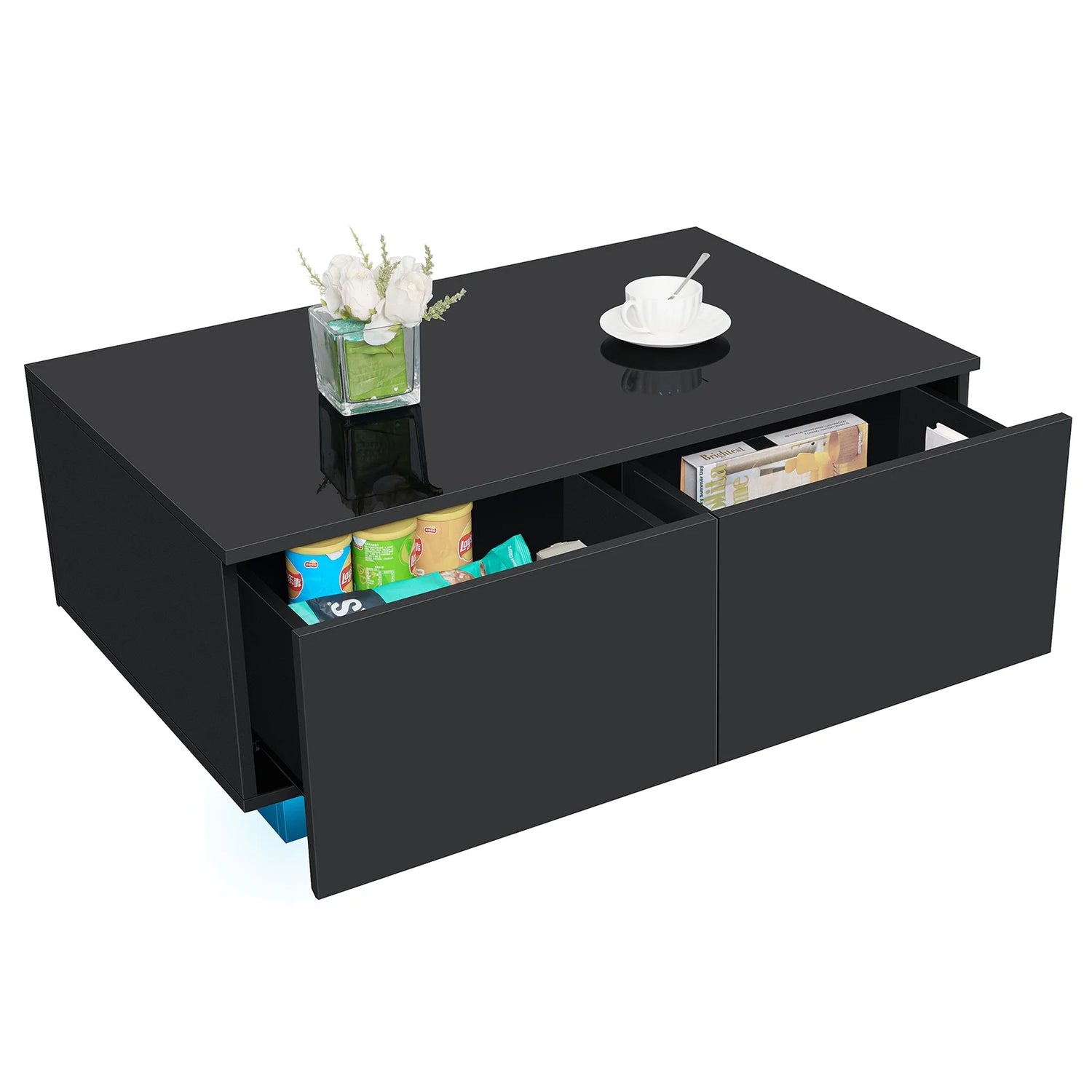 LED Coffee Table with 4 Drawers Center Cocktail Side Table Black High Gloss Finish.