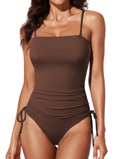 Womens Swimsuits One Piece Tummy Control Swim Suit Drawstring High Cut Bathing Suit Ribbed Tie Side Swimming Suits Ruched Square Neck Womens Swimwear Brown 2XL