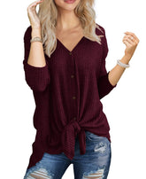 Womens Loose Blouse Long Sleeve V Neck Button down T Shirts Tie Front Knot Casual Tops Oatmea M