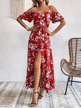 VCAY Summer Woman Floral Print Cold Shoulder Wrap Hem Belted Dress