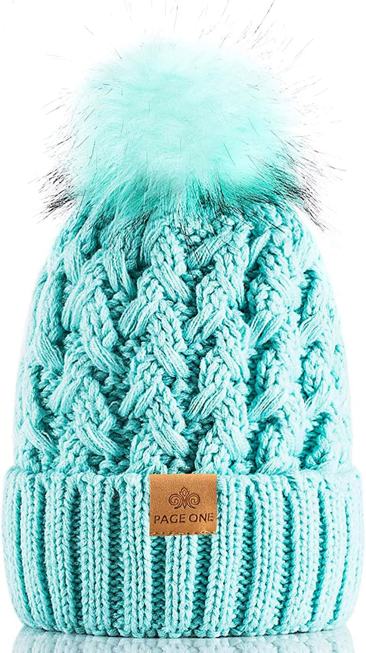 Womens Winter Ribbed Beanie Crossed Cap Chunky Cable Knit Pompom Soft Warm Hat