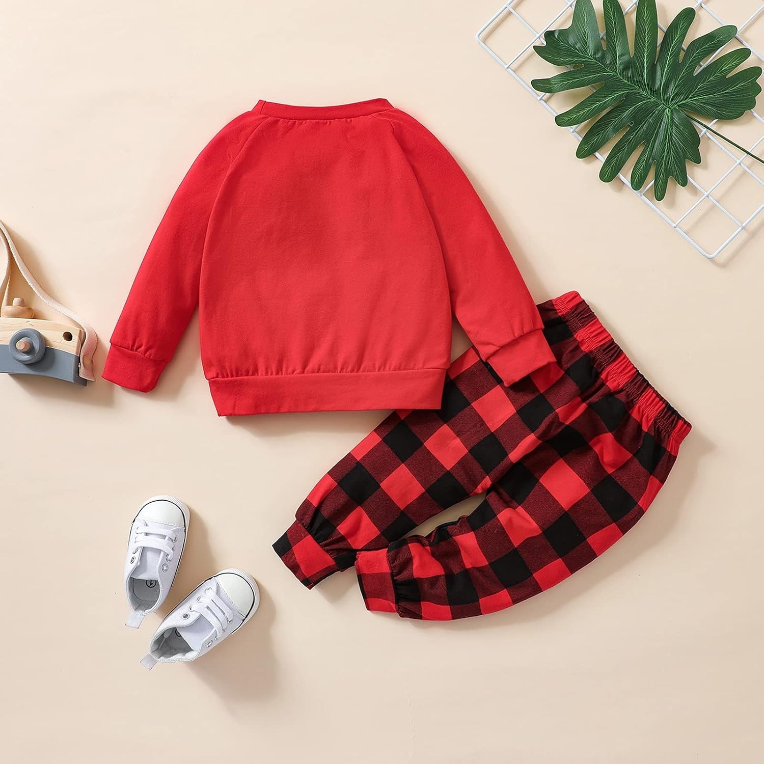 Baby Girls Christmas Outfit Infant Toddlers Girl Long Sleeve Santa Print Sweatshirt Plaid Pants Clothes Set (Red & Black Plaid, 18-24 Months)