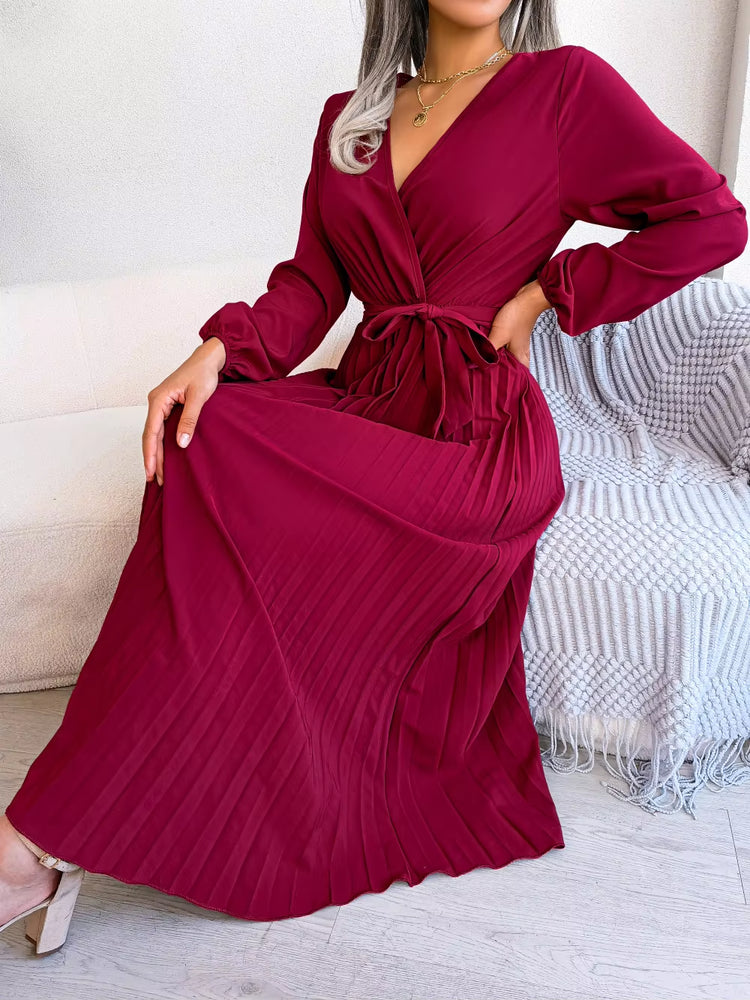 Women Spring Summer Cross Solid Color V Neck Large Hem Pleated Long Dress for Fashion