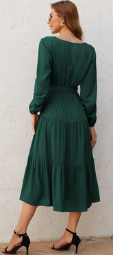 Womens V Neck Long Sleeve Casual a Line Tiered Fall Vintage Party Midi Long Maxi Dress with Belt