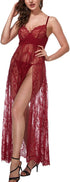 Women Sexy Lingerie Lace High Slit Maxi Long Gown Sheer Dress with Underwire S-4XL