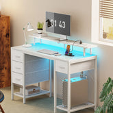 55.1" LED Gaming Desk with Drawers, Computer Desk with Outlets, Office Desk with 4 Drawers, Corner Desk, Writing Desk in Brown